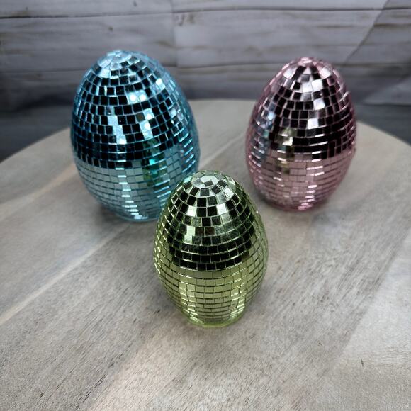 Easter Disco Table Top Eggs Mirror Pastel 3 Egg Set Pink Blue Yellow New Glitter - Picture 2 of 10